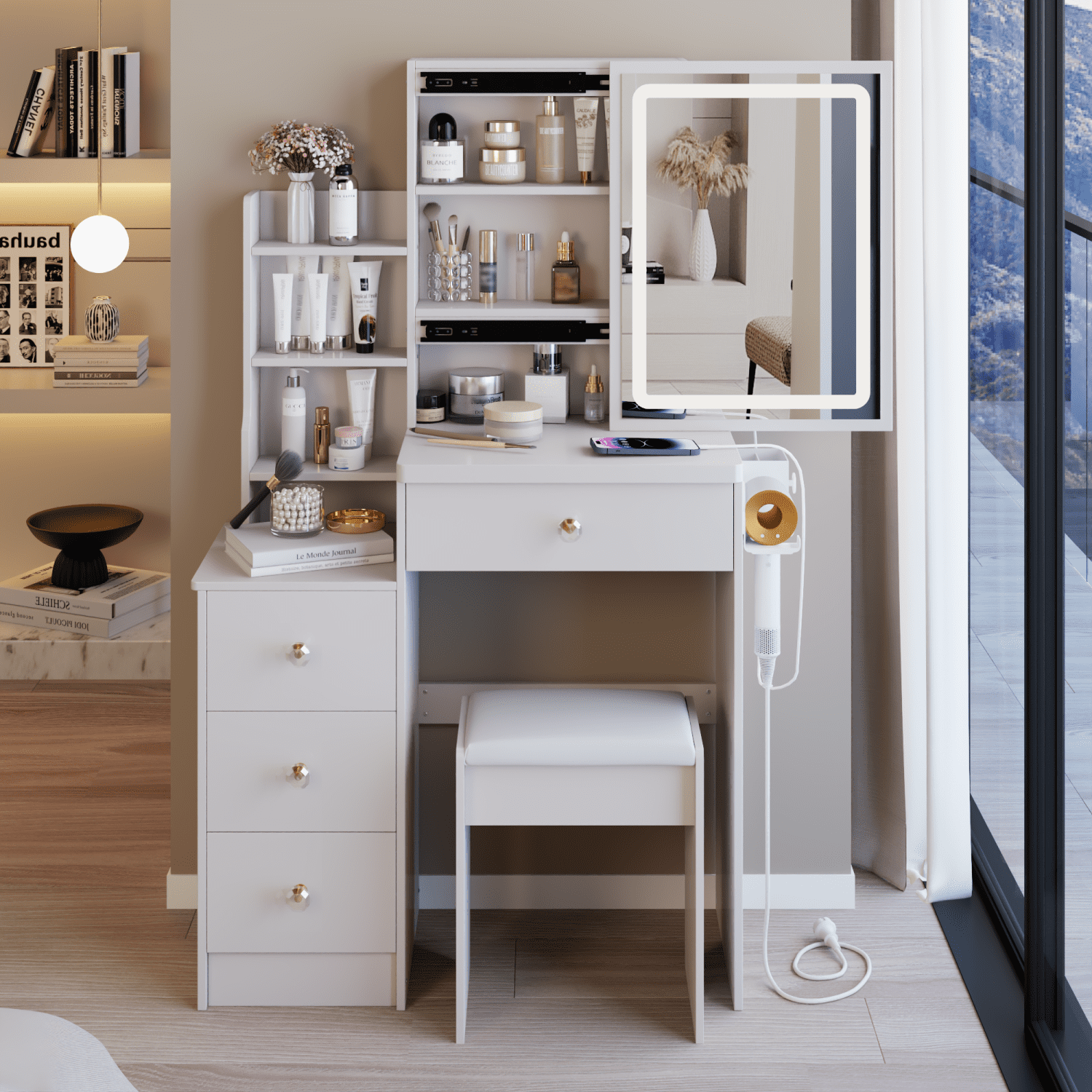 Space-Saving 29.2" Vanity Table with 2 AC+2 USB Ports, Triple Color LED Mirror, and Cushioned Stool – Ideal for Small Spaces & Morning Routines, White