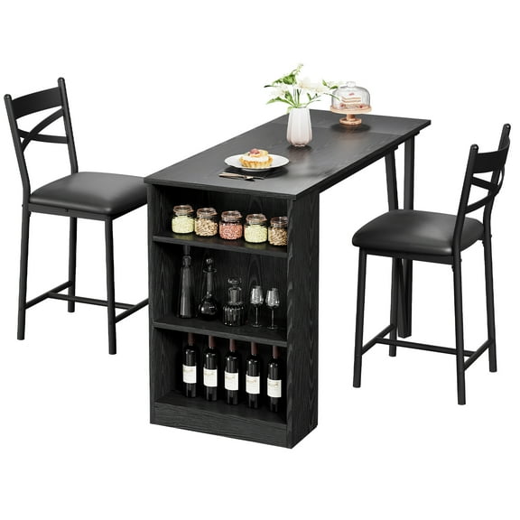 Space-Saving 3-Piece Dining Table Set for 2 – Extendable Counter Height Bar Table with Cushioned Stools & Storage Shelves – Modern Kitchen or Apartment Furniture, Black