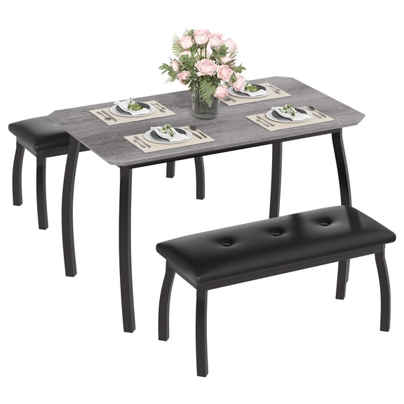 Space-Saving 3-Piece Dining Table Set for 4 with Metal Frame – 2 Upholstered Benches – Modern Kitchen & Dining Room Furniture – Ideal for Apartments, Small Spaces, Restaurants – Grey