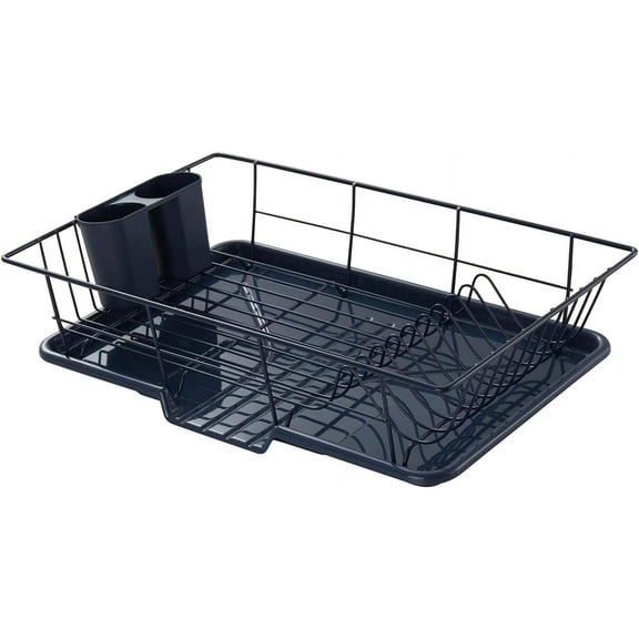 Space-Saving 3-Piece Dish Drying Rack Set with Cutlery Holder and Drainboard – Efficient Kitchen Organizer for Countertop Storage and Quick Drying, Navy