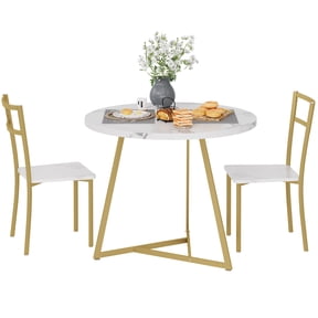 Space-Saving 3-Piece Round Dining Table Set for 2, Modern Kitchen Table Chairs Set of 2,Small Dining Room Table Set with 2 Upholstered Chairs, Gold Marble White