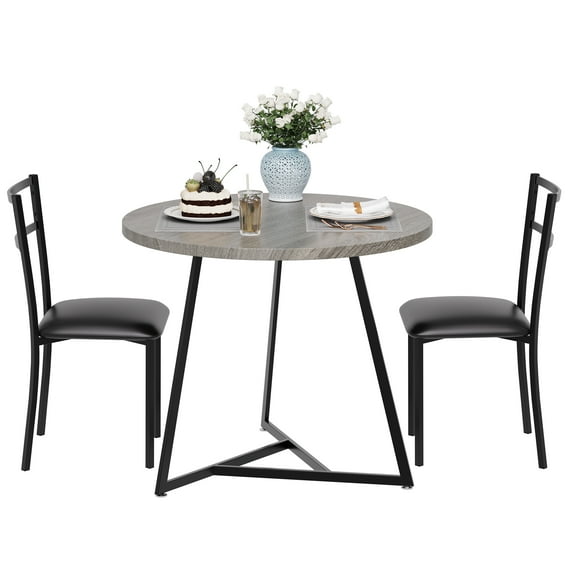 Space-Saving 3-Piece Round Dining Table Set for 2, Modern Kitchen Table Chairs Set of 2,Small Dining Room Table Set with 2 Upholstered Chairs, Grey