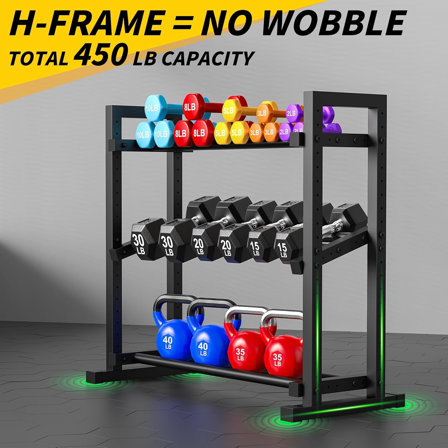 Space-Saving 3-Tier Adjustable Dumbbell Rack Stand Only+450LB Heavy Duty + Home Gym Storage Weight Stand for Dumbbells Kettlebells Free Weights