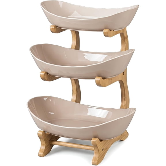 Space Saving 3-Tier Boat Shaped Ceramic Fruit Tray with Bamboo Stand, Serving Bowl for Fruits Snacks Candies Home Party Decor(Q)