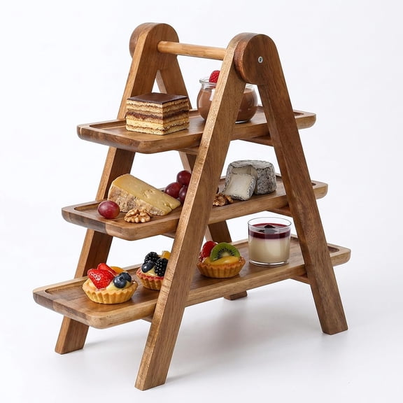 Space-Saving 3-Tier Collapsible Wooden Serving Tray Rack – Rustic Display Stand with Handle, Detachable Deli Platter Board – Durable Multi-Functional Kitchen Organizer for Counter, Dessert