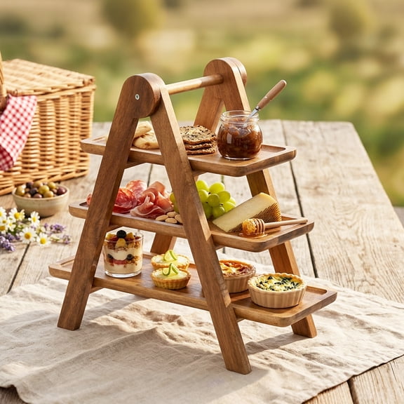 Space-Saving 3-Tier Collapsible Wooden Serving Tray Rack – Rustic Display Stand with Handle – Durable Multi-Functional Kitchen Organizer for Counter, Dessert Table, Natural Wood