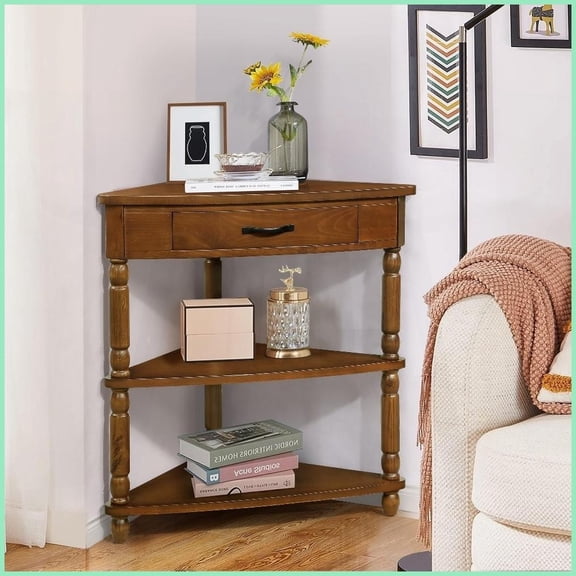 Space-Saving 3-Tier Corner Coffee Table - Solid Wood Legs, Safe Rounded Corners for Small Spaces (Brown)