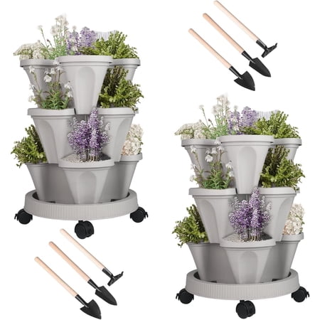 Space Saving 3-Tier Indoor Outdoor Vertical Stackable Plastic Herb and Flower Planters - Gray,2 Set