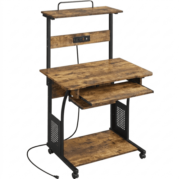 Space Saving 3 Tier Rolling Desk with Power Outlet USB Ports, Home Office Workstation with Keyboard Tray Printer Shelf, Mobile Laptop Table, Rustic Brown