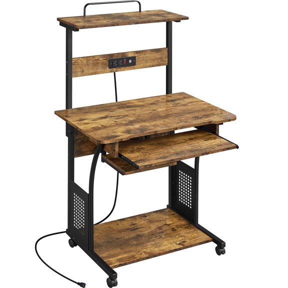 Space Saving 3 Tier Rolling Desk with Power Outlet USB Ports, Home Office Workstation with Keyboard Tray Printer Shelf, Mobile Laptop Table, Rustic Brown