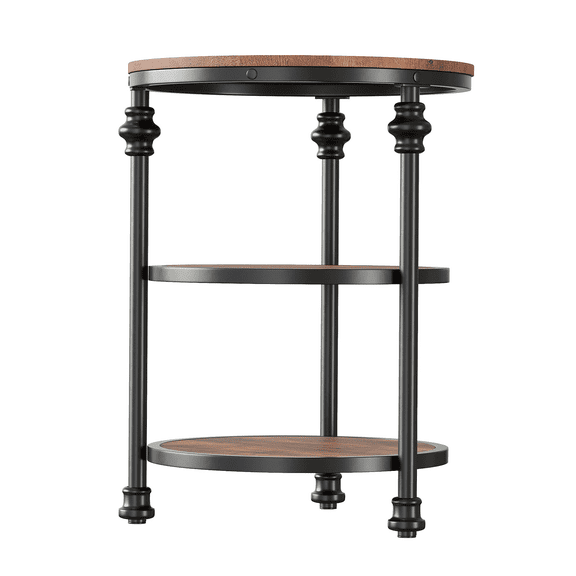 Space-Saving 3-Tier Round Coffee Table – Vintage Side Table with Storage Shelves, Metal Frame Accent End Table for Living Room, Bedroom, or Corner, Vintage Color