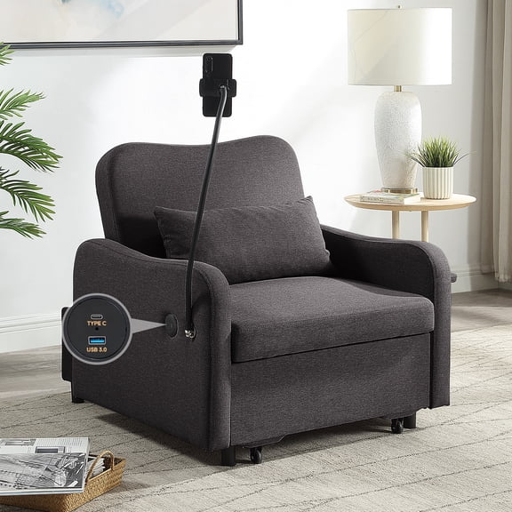 Space Saving 3-in-1 Convertible Chair Bed with Pull Out Bed, Phone Holder & USB Port,Modern Single Adjustable Backrest Sofa Bed for Living Room, ApartmentDark Grey
