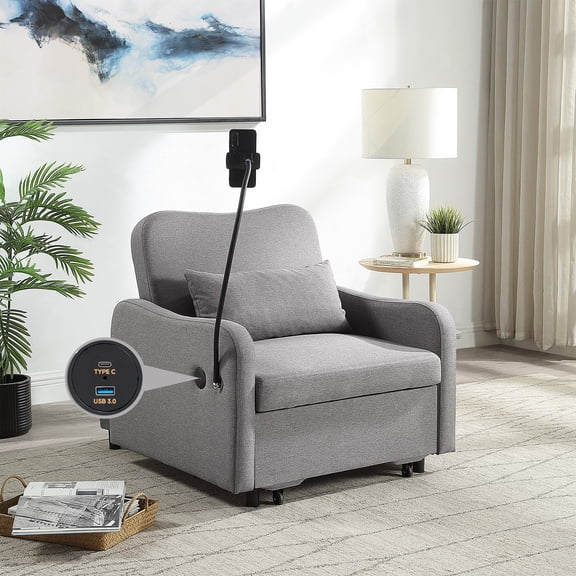 Space Saving 3-in-1 Convertible Chair Bed with Pull Out Bed, Phone Holder & USB Port,Modern Single Adjustable Backrest Sofa Bed for Living Room, Apartment