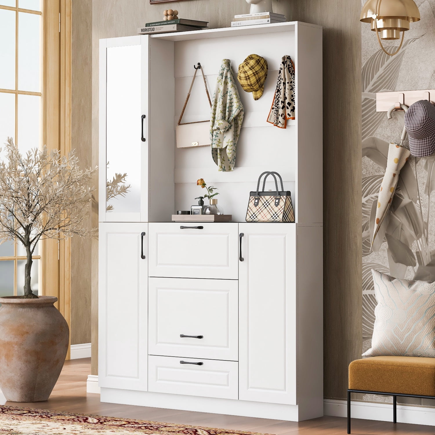 Space-Saving 3-in-1 Entryway Cabinet with Coat Rack, Mirrored Door ...