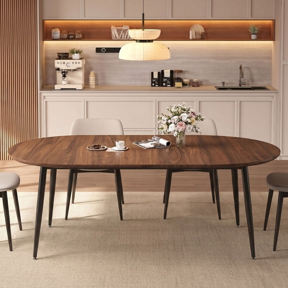 Space Saving 3-in-1 Extendable Oval Dining Kitchen Table, Walnut Wood Grain with Beveled Edge, 39.4-71 Inch Adjustable Size Seats 2-8,Powder Coated Carbon Steel Legs for Home