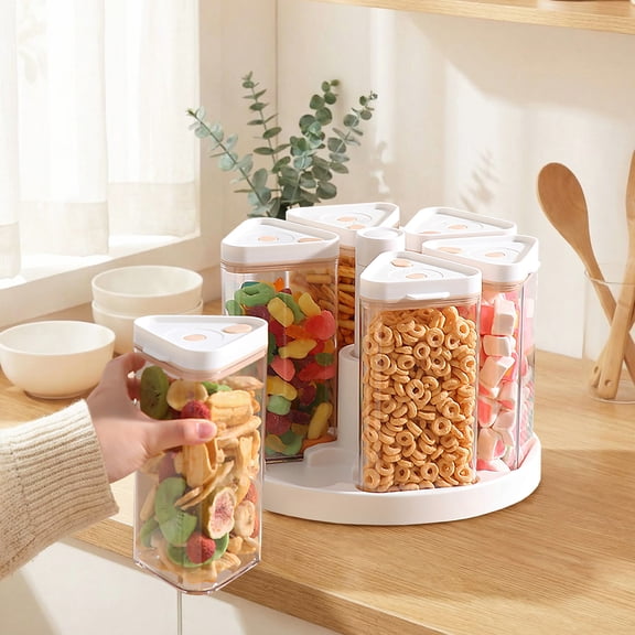 Space-Saving 360° Rotating Rice and Cereal Dispenser Set – 6-Piece Airtight Air Pump-Sealed Canisters with Manual Pump – Easy One-Hand Operation Food Storage Containers for Pantry and Kitchen