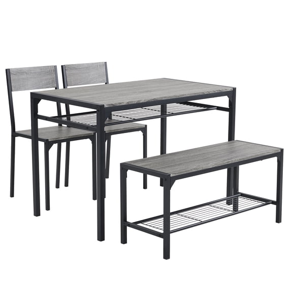 Space-Saving 4-Piece Dining Table Set, MDF Metal Frame Table with 2 Chairs and Bench, Storage Shelves Dining Set for Small Apartment Kitchen