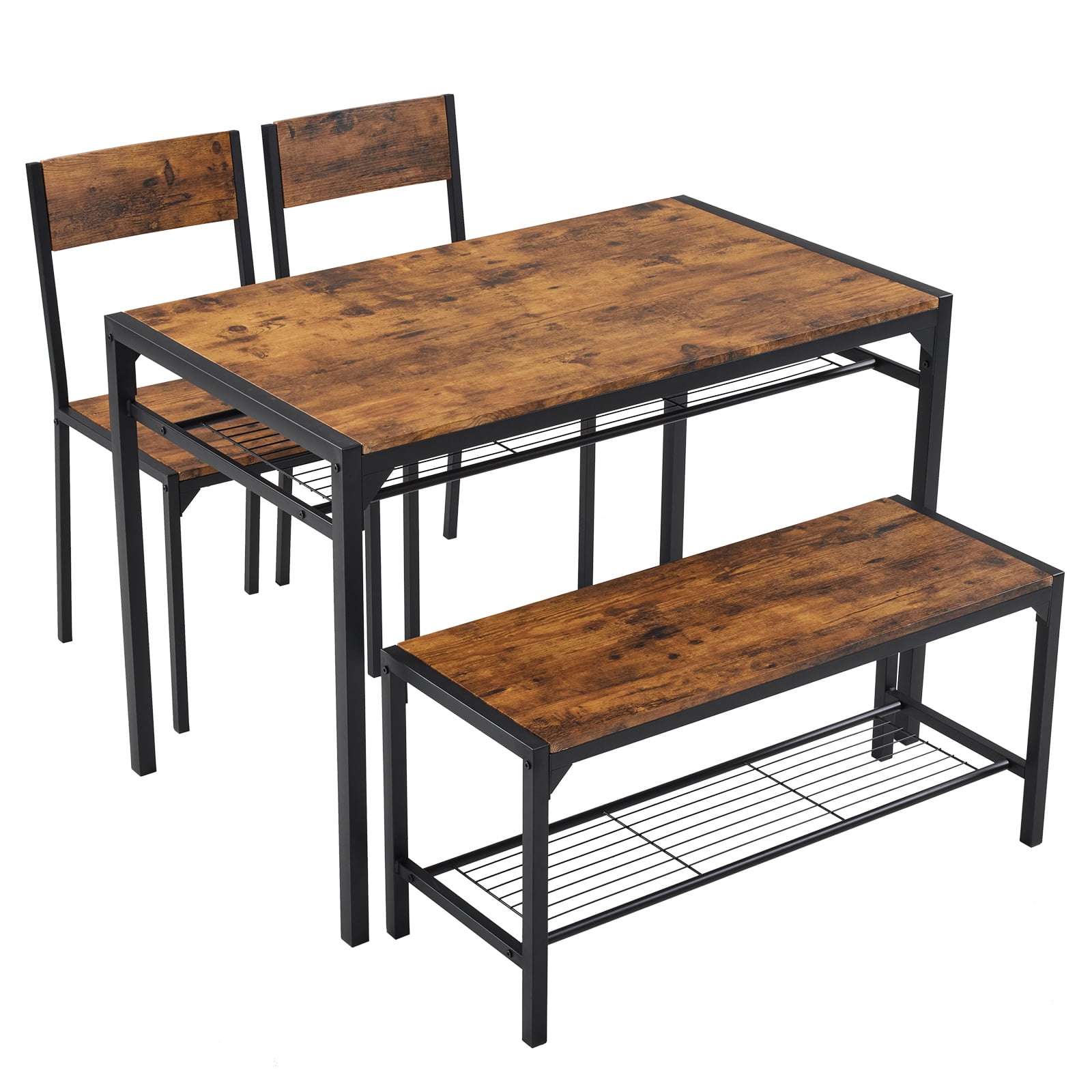 Space-Saving 4-Piece Dining Table Set, MDF Metal Frame Table with 2 Chairs and Bench, Storage Shelves Dining Set for Small Apartment Kitchen
