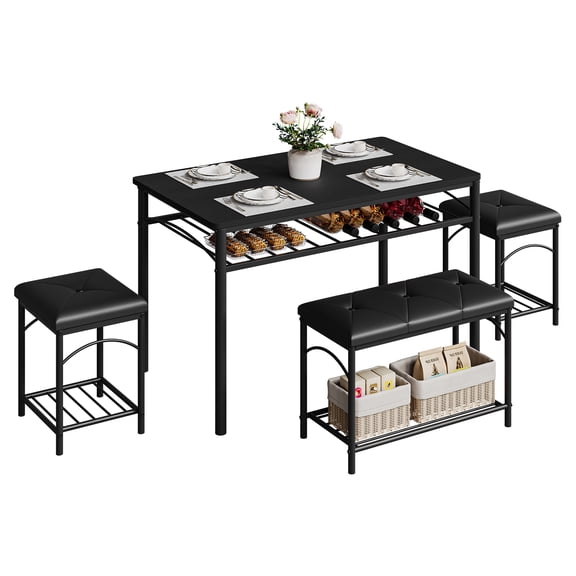 Space-Saving 4-Piece Dining Table Set – Modern Kitchen Table with Upholstered Bench, 2 Stools, Storage Shelf, Durable Wood & Metal Frame –Perfect for Small Apartments or Dining Rooms–Black Bas-Relief