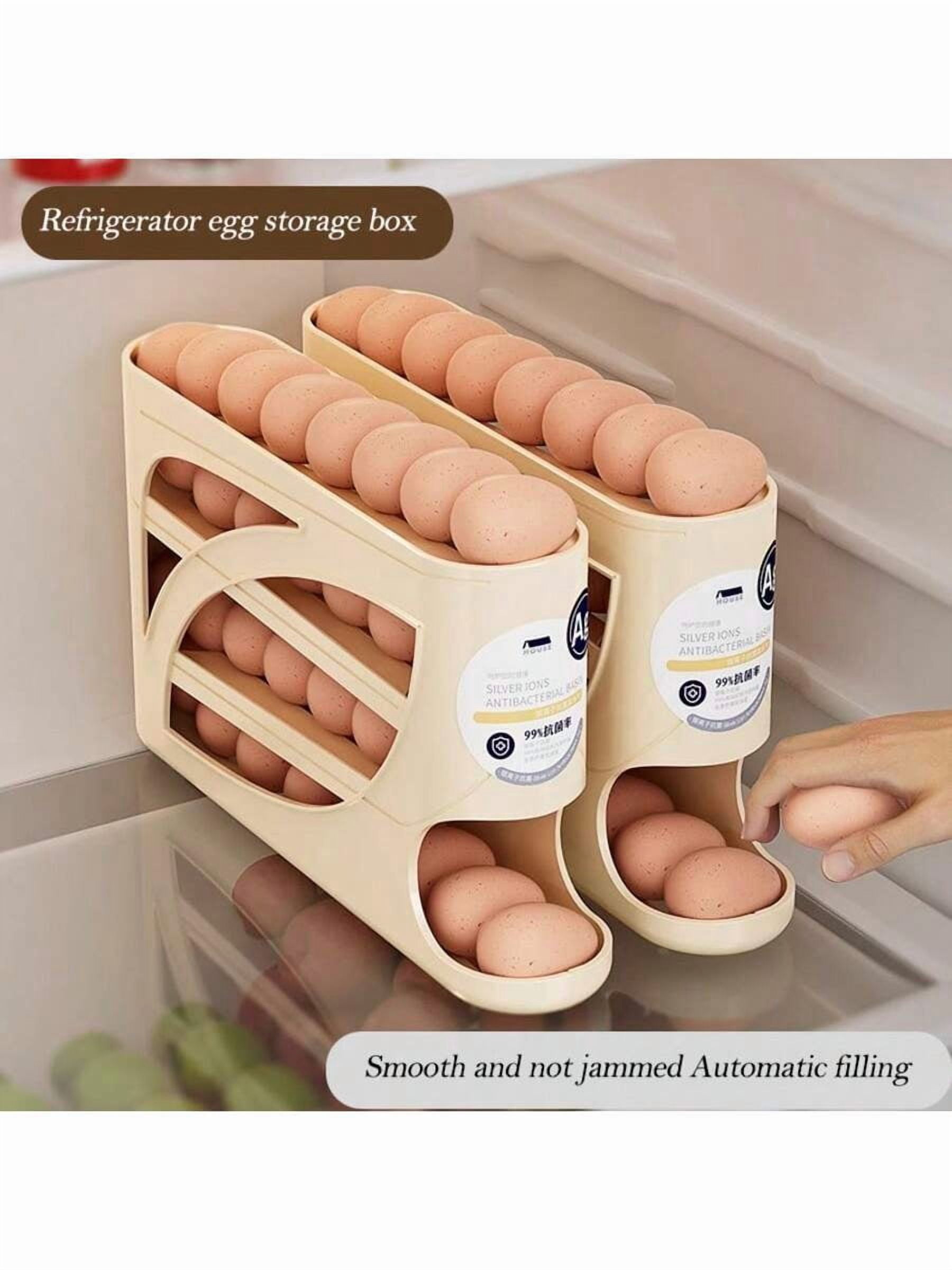 Space-Saving 4-Tier Refrigerator Egg Organizer with Smooth Rolling Wheels, Holds Up to 28 Eggs, Durable Plastic Kitchen Storage Rack for Easy Access and Freshness