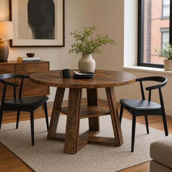 Space-Saving 43" Round Dining Table with Wooden Pedestal Base & Storage Shelf, Ideal for Small Kitchens & Modern Home Décor