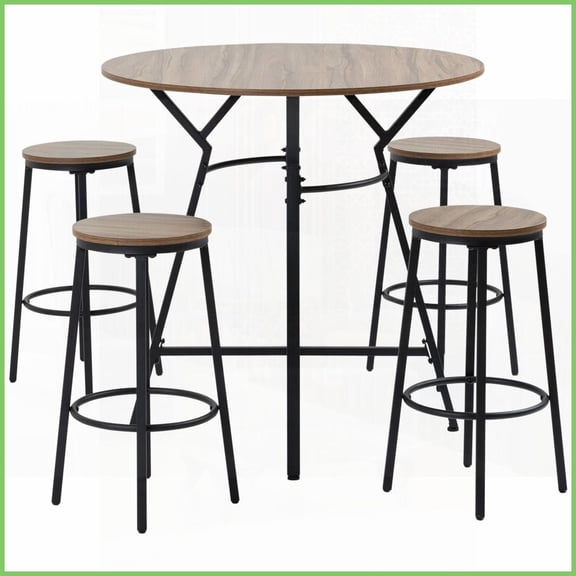 Space-Saving 5-Piece Coffee Table Set with 4 Stools, Black & Brown Woodgrain, Steel Frame for Kitchen/Living Room