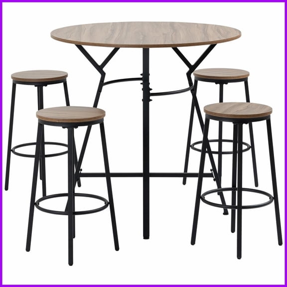 Space-Saving 5-Piece Coffee Table & Stools Set – Black Steel Frame, Brown Woodgrain, for Small Kitchens & Dining Areas