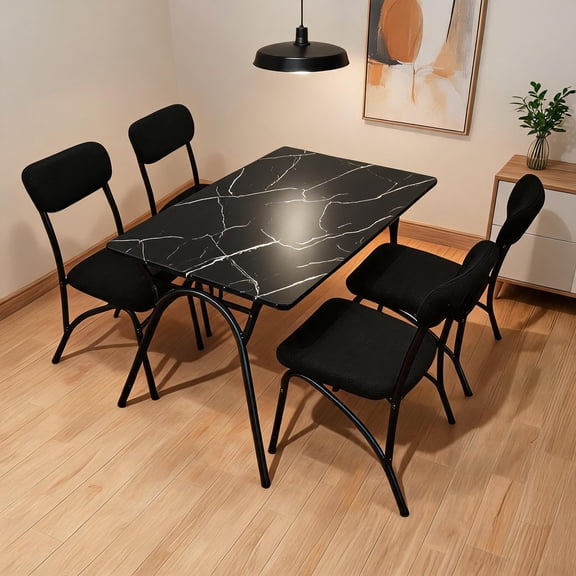 Space-Saving 5-Piece Dining Set – Modern Rectangular Black Marble Tabletop with Storage Shelf, 4 Black Boucle Upholstered Chairs – Perfect for Dining Room, Black Marble Tabletop Black Chair