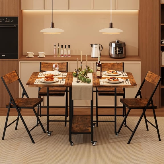 Space-Saving 5-Piece Folding Dining Table Set for 4, Drop Leaf Kitchen Table with 4 Collapsible Chairs, Lockable Wheels and Storage Shelf for Small Apartments,Walnut