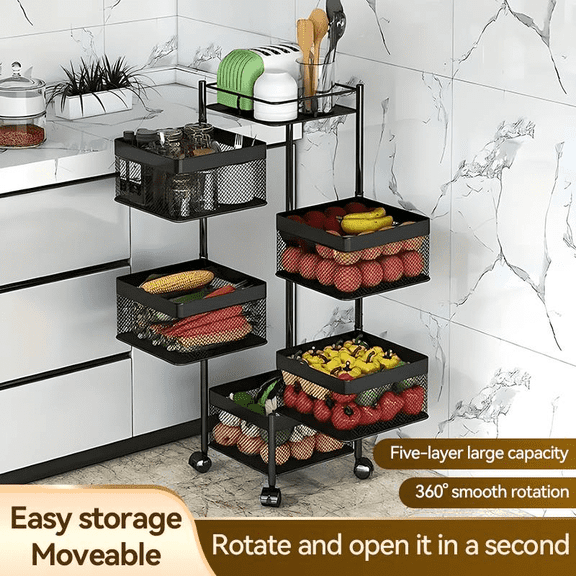 Space-Saving 5-Tier Rotating Storage Rack with Wheels - Adjustable Metal Baskets for Kitchen, Bathroom & Office Organization, Polished White, Shelf Baskets