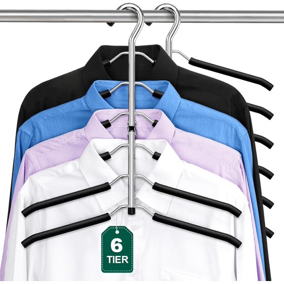 Space Saving 6 Tier Coat Hangers - Non Slip Padded, Black Metal Sweater & T Shirt Hangers for Men & Women, 2 Pack Closet Organizers