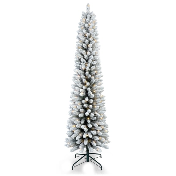 Space-Saving 6FT Flocked Pencil Christmas Tree with 150 Warm White LED Lights - Slim Snowy PVC Tree for Small Entryway