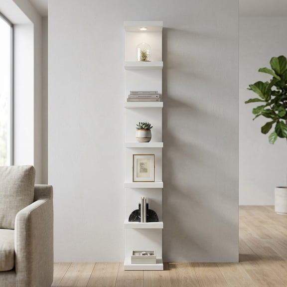 Space Saving 7-Tier White Wall Shelf with LED Light and Remote Control
