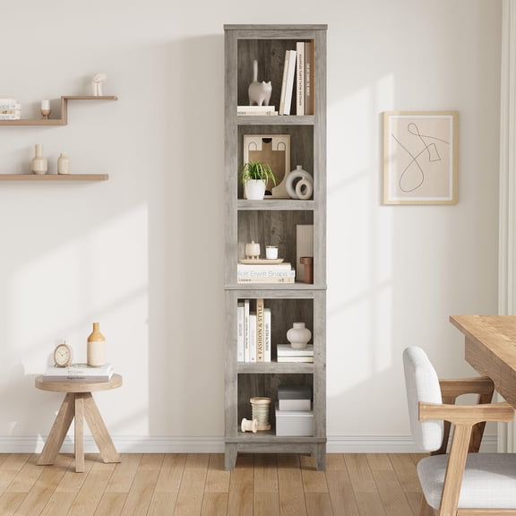 Space-Saving 71" Tall 5-Tier Narrow Bookshelf - Adjustable Shelves Rustic Vintage Wooden Bookcase for Living Room, Bedroom, Office- Vintage Gray