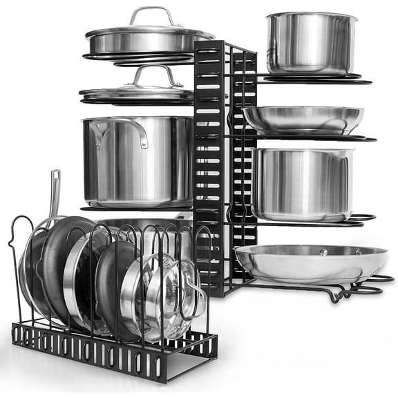 Space Saving Adjustable Pots and Pans Organizer - 8-Tier Multi-Purpose Kitchen Pot Rack for Counters and Cabinets - Easy to Install, 3 DIY Installation Methods, Holds More Than 8 Pots and Pans