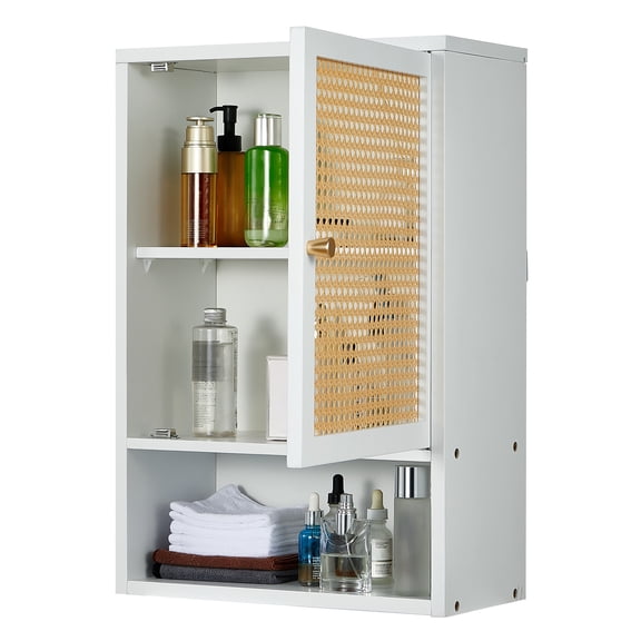 Space-Saving Bamboo Bathroom Wall Cabinet with Rattan Doors – Adjustable Shelf – Wall Mounted Medicine Cabinet – Over Toilet Storage Organizer – White(new)