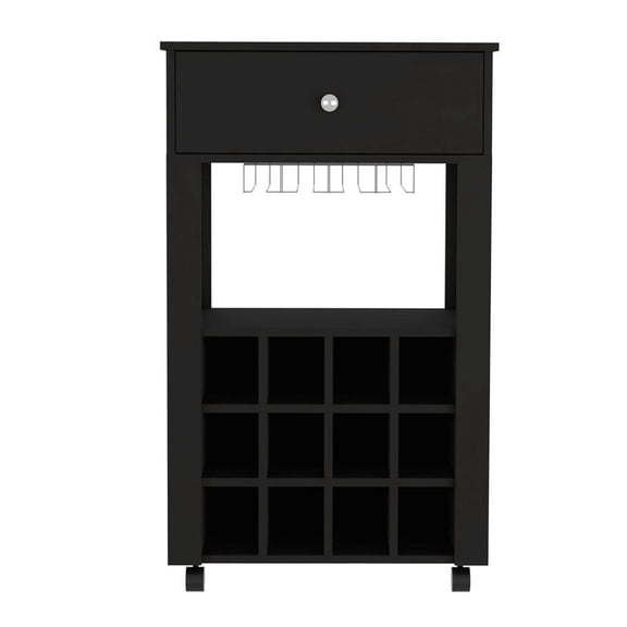 Space Saving Bar Cart with Wine Rack for Small Kitchen, Memphis Black Particle Board Cart with Casters