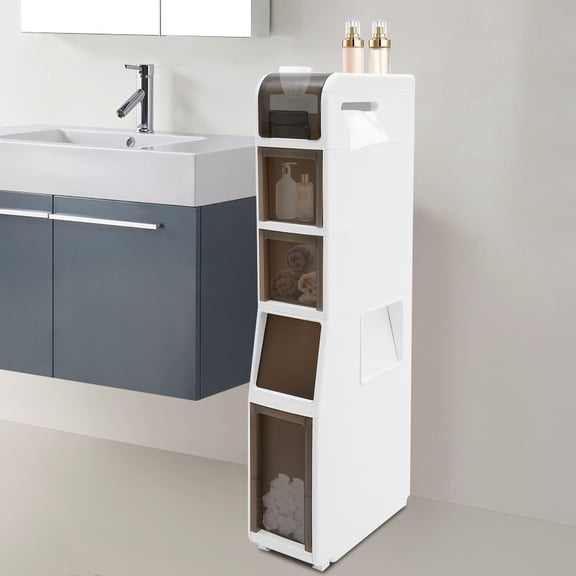 Space-Saving Bathroom Storage Tower, 37.8in Tall 5-Layer with Trash Bin, Semi-Transparent Drawers for Toiletries