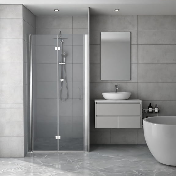 Space-Saving Bifold Frameless Shower Door 32 W x 72 H 1/4 Tempered Glass Polished Silver