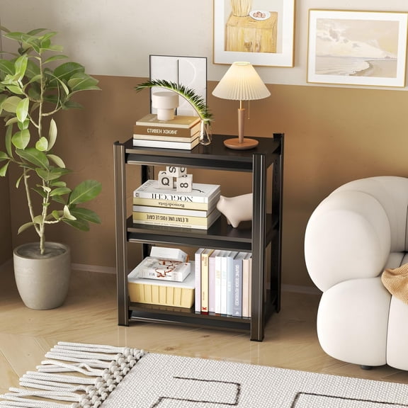Space Saving Black 3 Tier Rack Bookcase, 23.6"W×13.8"D×31.5"H Metal Shelving Bookshelf Organizer Shelves, Night Stand Side Table for Office File Media Arrangement