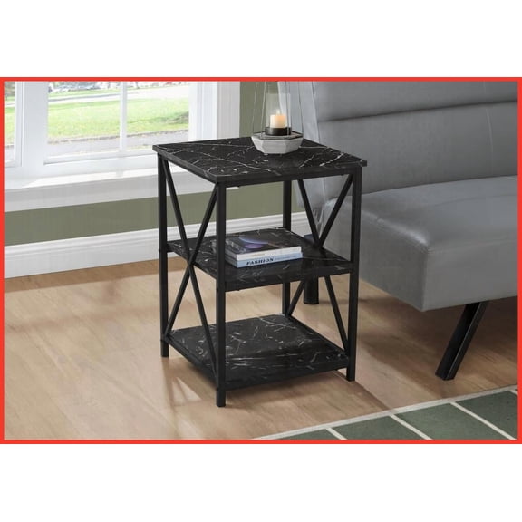 Space-Saving Black Marble Look Coffee Table with 2 Shelves, Square Top & Black Metal Base for Living Room