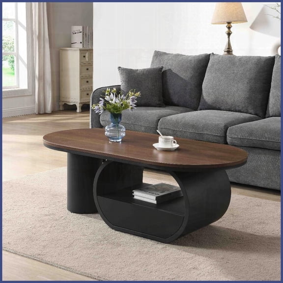 Space-Saving Black Metal Oval Coffee Table for Living Room - Adjustable Feet & Easy Assembly