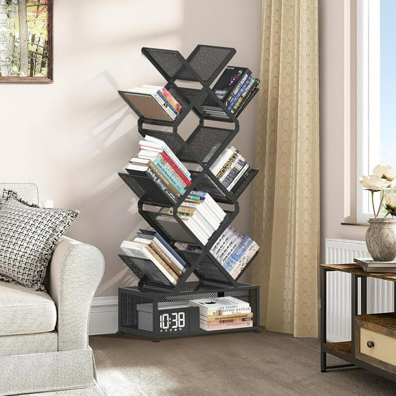 Space Saving Book Shelf with Storage, Folding Bookshelf, No Installation Required Shelf Tree for Living Room, Study, Home Office