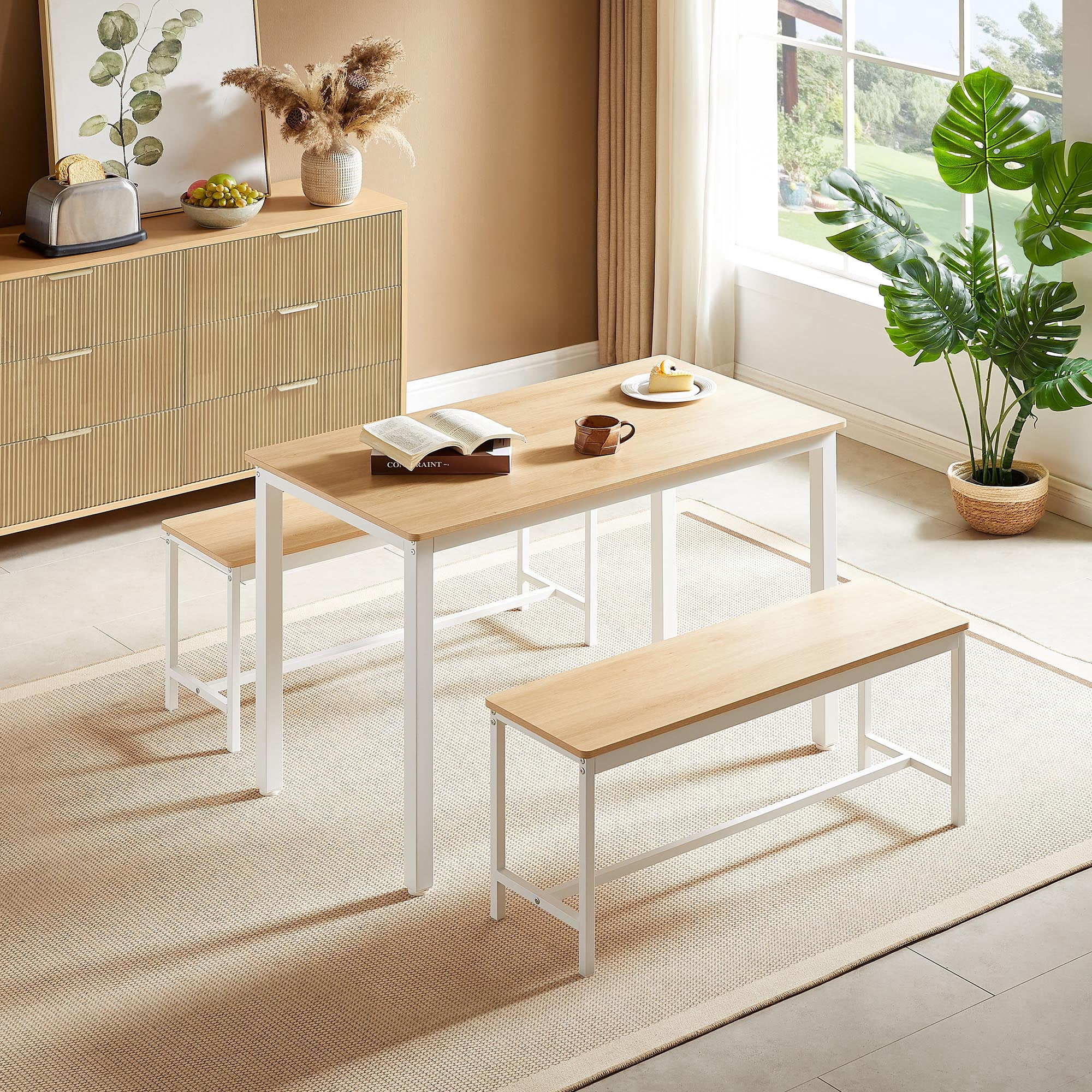 Image showcasing Space-Saving Breakfast Table Set w/ 2 Benches - Modern Industrial Home ...