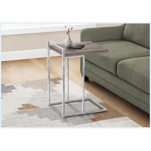 Space-Saving C-Shape Coffee Table - Brown Laminate & Chrome Metal, Easy to Move for Living Room/Bedroom