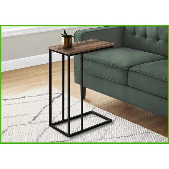 Space-Saving C-Shape Coffee Table: Brown Wood-Look Laminate & Black Metal for Living Room, Bedroom