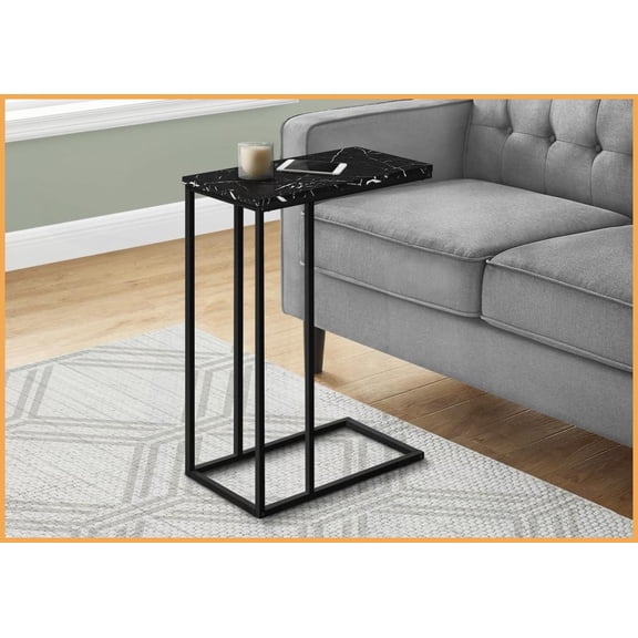 Space-Saving C-Shaped Coffee Table - Black Marble Look Laminate, Sturdy Metal Base for Living Room Bedroom