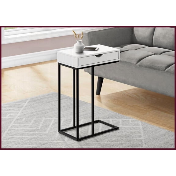 Space-Saving C-Shaped Coffee Table for Living/Bedroom, White Laminate Top & Black Metal Frame with Storage Drawer
