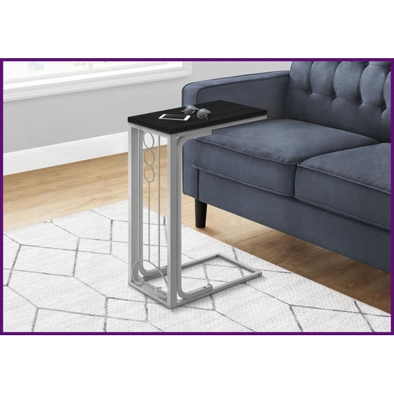 Space-Saving C-Shaped Coffee Table for Living Room/Bedroom - Black Laminate & Grey Metal Base, Ample Surface