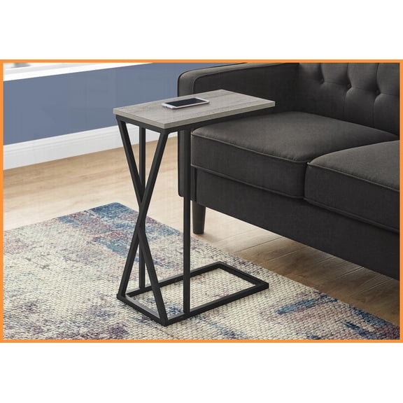 Space-Saving C-Shaped Coffee Table for Living Room & Bedroom, Grey Laminate Top & Black Metal Frame